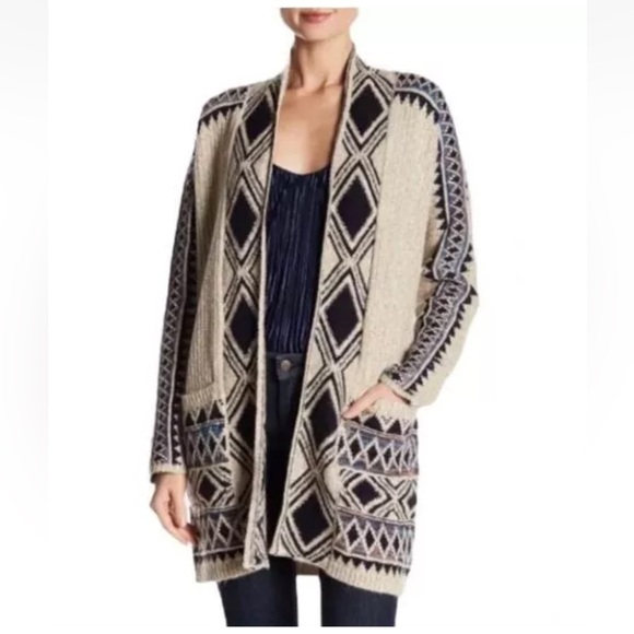 LUCKY BRAND Aztec Print Cardigan Sweater in Tan and Navy - Picture 1 of 13